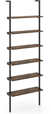 GOPLUS Leiterregal mit 6 Ebenen, Wandregal mit Metallrahmen, wandmontiertes Bücherregal Standregal Metallregal Stufenregal, für Wohnzimmer, Büro & Balkon (Rustikales Braun)