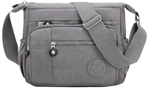 FAVORTALK Nylon Handtasche Damen Umhängetasche Grau - Wasserdicht Crossbody Bag Schultertasche Große Kapazität Messenger Taschen Frauen mit Reißverschluss Multi Pocket Handtaschen - B39205