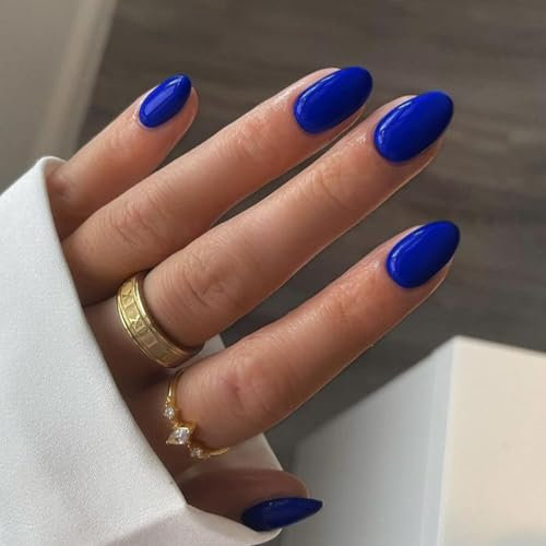 SXVME Royal Blue False Nails Short Oval, Simple Acrylic Press on Nails Short Almond, Elegant Blue Fake Nails Press ons, Natural Glossy Solid Gel Full Cover Almond Stick on Nail For Women Daily Wear