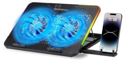 NK Base Refrigeradora Portátil Gaming 17- 7 Modos Luces LED RGB, 2 Ventiladores Silenciosos con Velocidades Ajustables, 5 Alturas Ajustables, Puerto USB, Phone Holder, Refrigeración Rápida