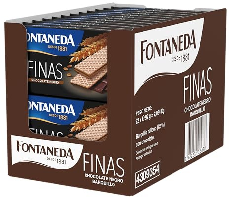 Fontaneda Finas Barquillos Rellenos de Chocolate Negro, Cruijente y Cremoso,Pack de 22, 92 g