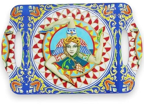 SICILIA BEDDA CAPACI Tagliere in Ceramica decori a Rilievo, con Strato di Sughero Antiscivolo, L 28 x 18 cm ca. Stampa Trinacria