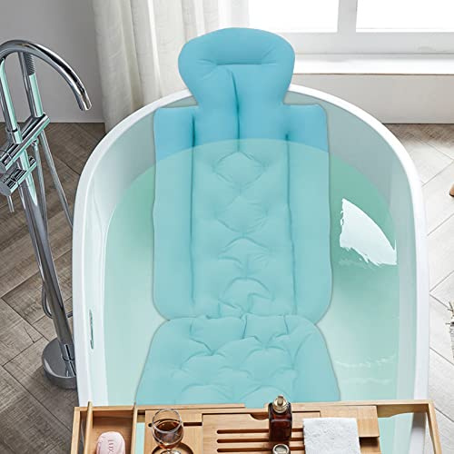 Cuscino per vasca da bagno, 113 x 40 cm, con 10 ventose, supporto perfetto per schiena, collo e testa, colore: blu