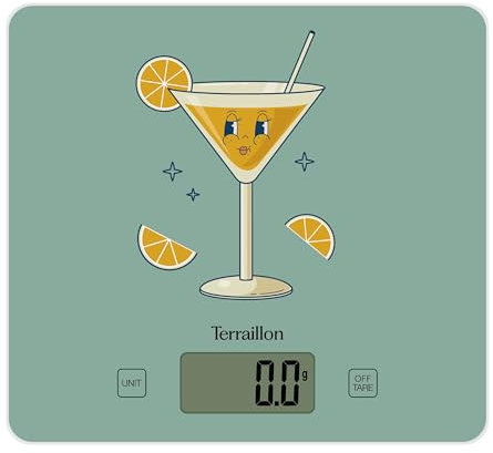 TERRAILLON – T1040 RETRO COCKTAIL– Báscula de cusine electrónica, bandeja de cristal, capacidad 3 kg, graduación 1 g, tara, conversión líquida, ultrafina y compacta – Pantalla LCD – Retro Cocktail