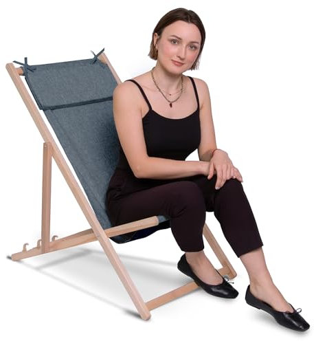 DreamRoots Liegestuhl Klappbar Holz mit Kopfstütze - Klappliegestuhl mit 3-Fach Verstellbarer Rückenlehne - Strandliege Bis 130 kg - 220 g/m² Waschbarer Polyesterbezug in Leinenoptik Ocean Isle