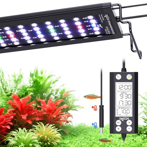 SEAOURA WRGB DIY Aquarium LED Lampe mit Temperatur Alarm 30-45cm | Hoher PAR Vollspektrum, 9 Farben+20 Stufen, 3 Timer+speicher, Temp Alarm, Verstellb. Halter, Alu, für Pflanzen und Süßwasser