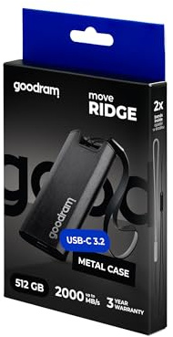 GoodRam – Disco rigido SSD esterno da 512GB – USB 3.2 Gen. 2x2 Tipo-C – Move Ridge Nero – Velocità di lettura fino a 2000MB/s, velocità di scrittura fino a 1500MB/s – Custodia in metallo – 75×32×9,5mm