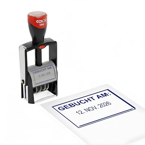 Dekolando Datumsstempel Stempel GEBUCHT AM – Colop 2360 selbstfärbender Kontierungsstempel mit Datum 44x29 mm, verstellbar Datumstempel für Büro & Verwaltung, Firmenstempel