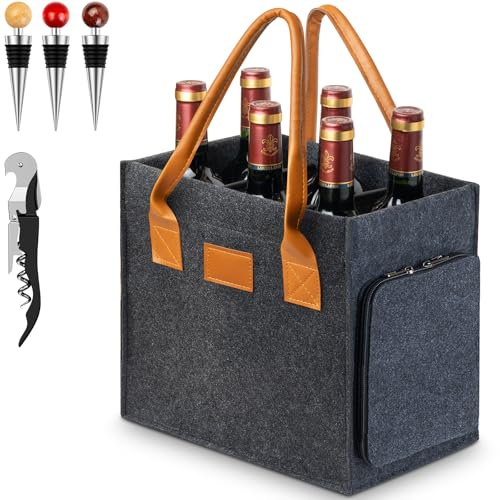 Heypappy Wine Carrier Bag 6 Bottles, Reusable Felt Wine Bottle Bag Holder with Handle, Foldable Bottle Basket for Home & Shopping Includes Bottle Opener, 3 Wine Stoppers & 2 Side Pockets