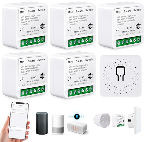 5 pezzi modulo interruttore luce intelligente, mini interruttore wifi fai da te, si adatta dietro interruttore a parete, interruttore intelligente a 1 via, compatibile con l'app Cozylife, Alexa Echo