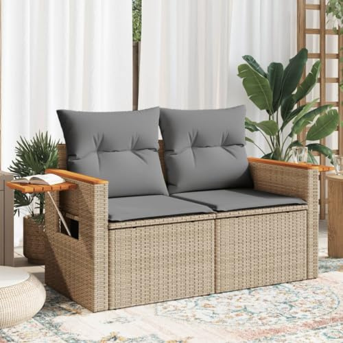 Yunovire Gartensofa 2-Sitzer Beige aus wetterfestem Poly Rattan, mit klappbaren Tischen, bequemen Kissen, UV-beständig, für Balkon, Terrasse, Garten, Outdoor Möbel