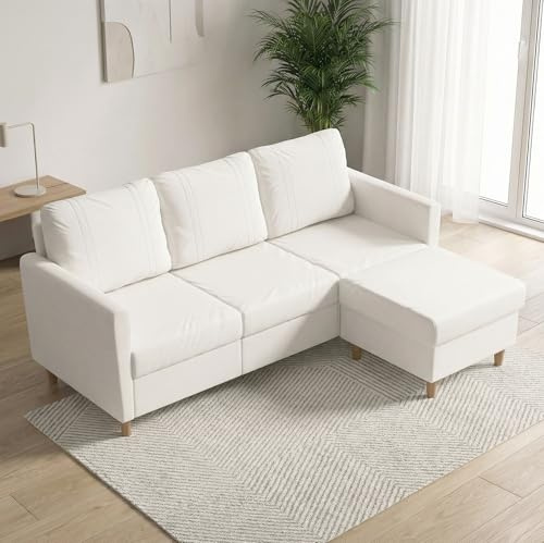 Yvsevnr 3 Seater Sofas Modern Love Sofa Couch with Thick Cushions and 2 Pillows Corner Sofa with Storage and Footstool for Living Room, Bedroom, Guest Room, Grey 195 x 150 x 87 CM
