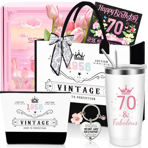 70th Birthday Gifts for Women,Unique 70 Years Old Birthday Include 20 Oz Stainless Steel Tumbler with Straw Gifts for Wife Aunt Sister Friends Her,Fashion 1956 Handbag Cosmetic Bag Born in 1956 Card