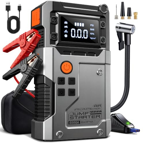 6-in-1 Booster Avviamento Auto 6000A Portatile Avviatore Batteria Auto, Avviatore di emergenza, LED/LCD, Luce 600 Lumen, Starter Batteria with Compressore Aria 160PSI con Display
