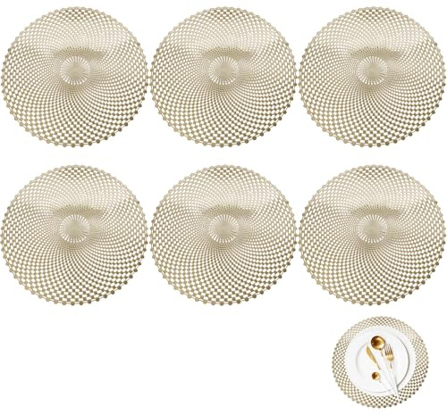 elthmpr Platzsets Gold Tischsets Rund - 6er Set Tischsets Abwaschbar 38CM Platzdeckchen Hitzebeständig Platzteller Schmutzabweisend Untersetzer Spülmaschinenfest für Küche Party Deko Weihnachten