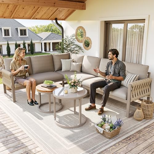 Sapgaks Salon de Jardin pour 5-6 Personnes,Canapé de Jardin extérieur avec Pieds de Chaise réglables, Canapé d'angle de Jardin,avec Coussin de siège Amovible et imperméable et Table Basse,Beige