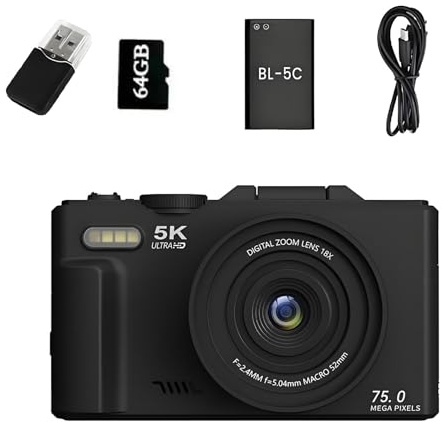 Optinexo Appareil Photo 5K Numérique Compact, Zoom Numérique 18x, Écran Orientable À 180°, 75 Millions De Pixels, Carte Mémoire De 64 Go Incluse, Idéal pour Les Voyages Et Les Débutants (Noir)