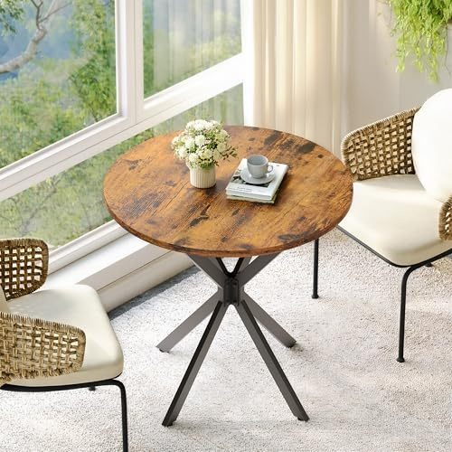 BIRFYDO Runder Industrie Esstisch 80x80x75 cm – kompakter Esstisch für 2–4 Personen – stabiles Metallgestell & Holzoptik in Vintage Braun – moderner Küchentisch für kleine Räume