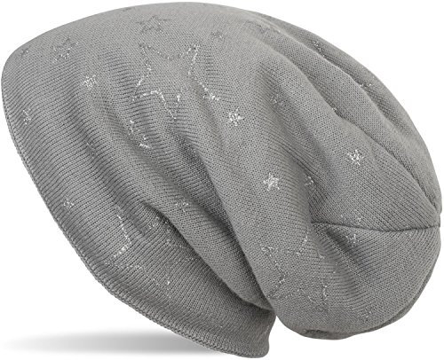 styleBREAKER Damen Feinstrick Beanie Metallic Sterne Print, Hellgrau
