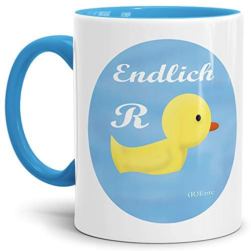 Tassendruck Geschenk-Tasse zum Ruhestand mit Spruch: Endlich (R) Ente/Rente/Rentner/Pension/Abschieds-Geschenk/Innen & Henkel Hellblau