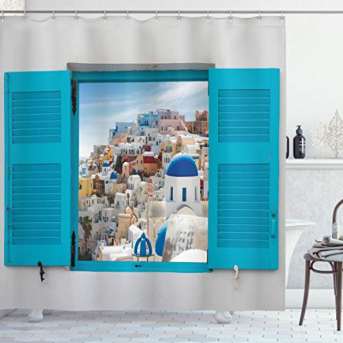 ABAKUHAUS Griechenland Duschvorhang, Fenster Alte Fensterläden, Stoffliches Gewebe Badezimmerdekorationsset mit Haken, 175 x 220 cm, Türkis