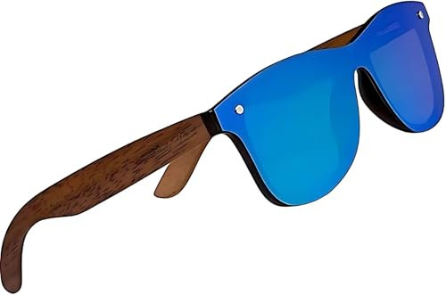 KINGSEVEN Holz Sonnenbrille für Herren und Damen I Unisex Polarisierte Sonnenbrille mit Holzbügeln aus Walnuss I UV400-Schutz I Modische Rahmenlose Spiegelgläser I Blau