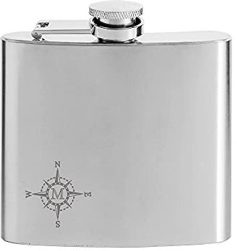AMAVEL Flachmann aus Edelstahl mit Kompass Gravur, Personalisiert mit kleinem Initial, Geschenkidee, Füllmenge ca. 150 ml