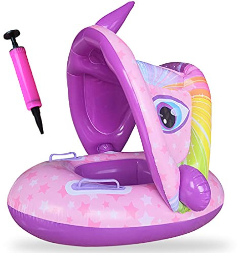 Miotlsy Licorne Anneau de Natation bébé, Anneau de Natation Gonflable pour Enfants avec Réglable Auvent Gonflable Piscine Apprentissage Natation avec Jouets de Plage pour Bébé de 6-36 Mois
