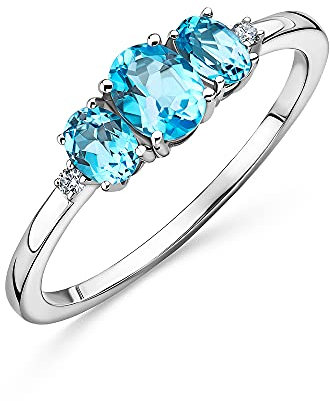 Orovi Schmuck Damen 0.02 Ct Diamant Ring Weißgold mit 3 Edelsteine/Geburtssteine November blauer Topas und 2 Diamanten Brillanten Verlobungsring 9 Karat (375) Gold