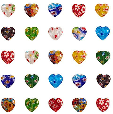 UR URLIFEHALL 66 Pcs Handmade Lampwork Heart Millefiori Beads Flat Heart Glass Beads for Jewellery Making DIY Crafts Bracelet Lanyard Straps