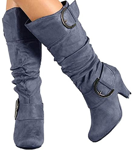 Onsoyours Stivali Alti da Donna Classici con Tacco a Blocco Suola Elegante con Fibbia Stivali Invernali Grigio 44 EU