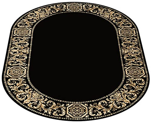 Ovaler Teppich Wohnzimmer Schlafzimmer Flur schwarz gold Barock Design Oval 100% Viskose Kurzflor K-Seide Optik Fransen rutschfest flauschig weich öko tex antiallergisch - schwarz, 152x230 cm, Oval