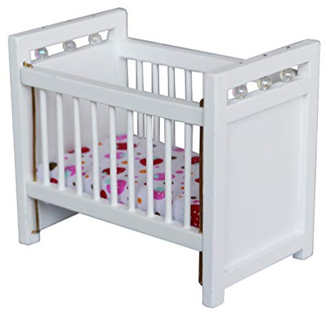 1:12 Scale Dollhouse Mini Crib, Wooden Baby Doll Bed with Mattress