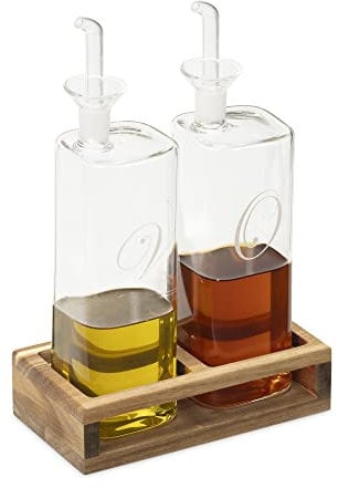 Navaris Bouteille huile et vinaigre - Lot 2x distributeur bouteille en verre avec bec verseur et support en bois - Récipient huilier vinaigrier