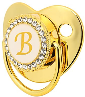 SUNGOOYUE Goldener Baby-Schnuller, 26 Buchstaben, gebogenes Design, Silikon-Bling-Baby-Schnuller mit Clips für 6 bis 18 Monate Baby B