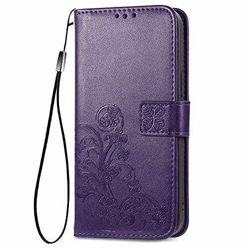 AMWEI Hülle für Realme C30 4G, Premium TPU/PU Leder Klappbar Glückskleeblattprägung Schutzhülle Handyhülle mit Standfunktion & Kartensteckplätzen, Lila