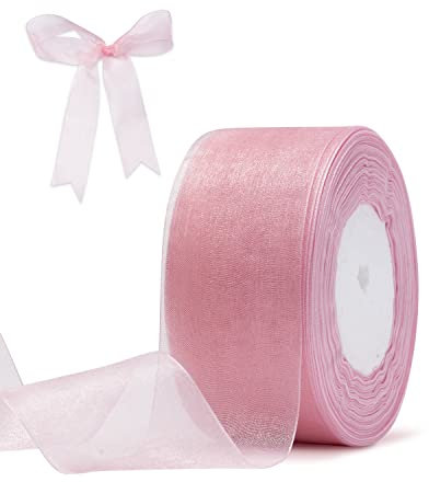 Nastro di organza rosa per confezioni regalo, FAKILO 50 mm x 45 metri Nastro cablato trasparente scintillante per bouquet, matrimonio, regalo di Natale