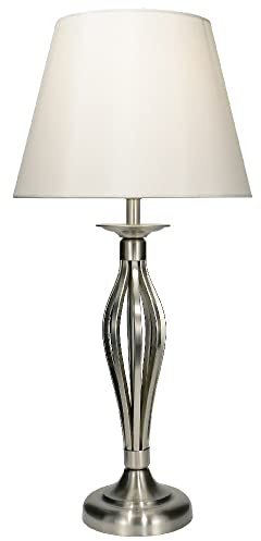 Britalia Satin Chrome Vintage Open Metalwork Table Lamp with Cream Faux Silk Tapered Drum Shade | 53cm Height | 1 x ES E27 Lamp Bulb Required | UK Approved | in-Line On Off Switch