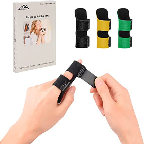 supregear Fingerschiene, 3er-Pack Verstellbare Triggerfinger-Schiene mit Abnehmbarem Aluminiumbügel Wiederverwendbare Fingerschiene für Zeige-/Mittel-/Ring-/Zwinkelfinger in Schwarz, Grün und Gelb
