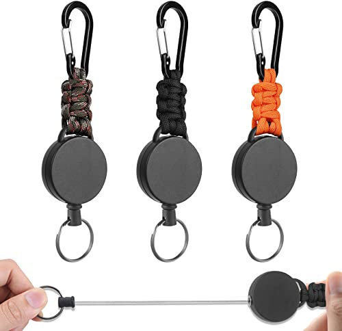 Vicloon Schlüsselanhänger Ausziehbar, 3 Stücke Heavy Duty Retractable Schlüsselrolle mit Kürbisschnalle und Paracord, Schlüsselrolle Ausziehbar mit 60cm Stahldrahtseil(Orange/Schwarz/Tarnung)