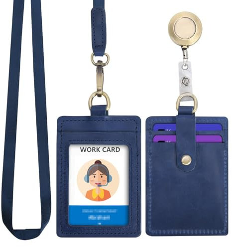 Wonderpool Ausweishalter Kartenhalter Leder mit Abnehmbarer Umhängeriemen Ausweishülle Kartenfächer und Einziehbare für Büro Schule Krankenhaus Ausstellung ID (Blau)