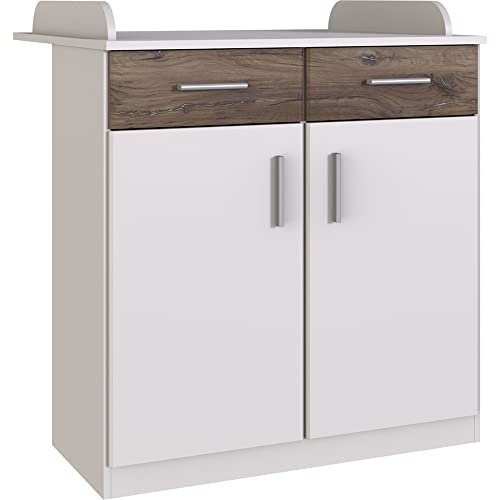 Lomadox Wickelkommode Wickeltisch Babyzimmer umbaubar zur Kommode in weiß mit Eiche Nb., B/H/T: ca. 91/101/75 cm