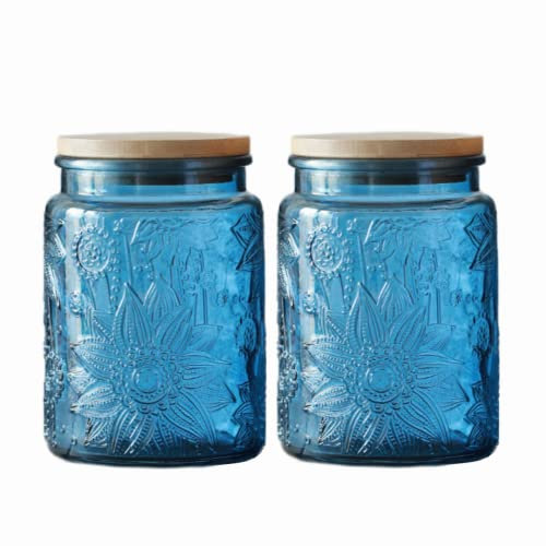ANSQU 700ml Blue Glass Jars, 2 Pack Vintage Glass Kitchen Storage Counter Jars, Candy Jars with Lids, Mason Jars Hold Coffee Beans, Tea, Cookie, Sugar, Bath Salts & More
