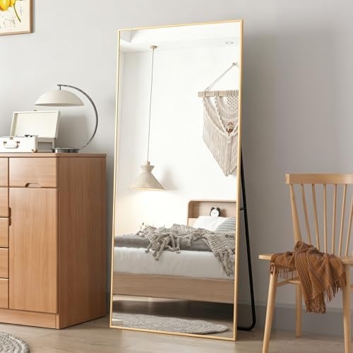 CASSILANDO Specchio da appoggio 165 x 60 cm, specchio da pavimento grande, specchio in piedi, contro parete per camera da letto, rivestimento e cornice sottile da parete, colore oro