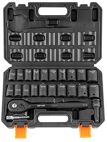 VEVOR Juego de Vasos de Impacto 1/2 Juego de Vasos de Impacto 23 Piezas con Herramienta de Trinquete 13-24 mm 7/16-15/16 Acero de Aleación de 6 Puntas CR-V HRC 42-48 con Estuche para Reparación