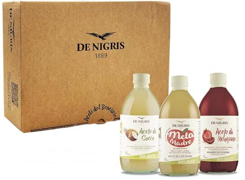 De Nigris 1889 Cofanetto Benessere Aceto Di Mele con Madre Non Filtrato e Biologico, Mela, Melograno & Cocco 3x500ml | Aceto Di Mele Biologico Non Pastorizzato Senza Glutine | Aceto Di Mele Con Madre