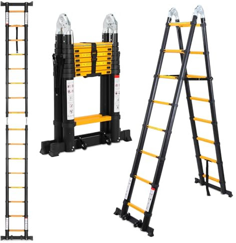 Fiqops Scala telescopica A Frame, 5 m (2,5 m + 2,5 m) in alluminio, con stabilizzatore Bar e ruote, antiscivolo, portatile, portata massima 150 kg, colore nero e giallo