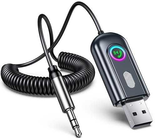 ISEYOU Aux Bluetooth Auto, Ricevitore Bluetooth 5.3 con Jack da 3,5mm per Chiamate in Vivavoce e Ascolto di Musica, Plug&Play Luce RGB per Auto Audio Domestico Black