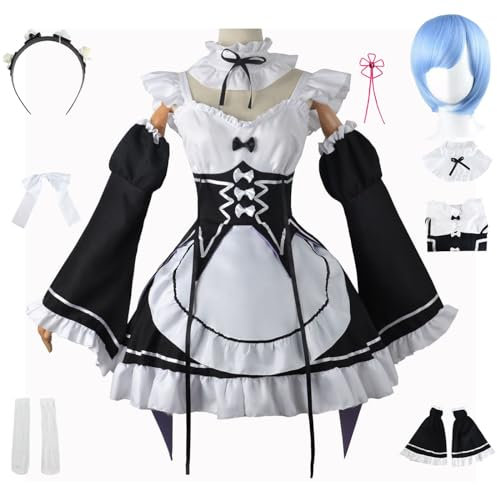 YEAJION Rem Ram Cosplay Kostüm Komplettes Set mit Perücke Maid Dress Anime Re Zero Cosplay Rem Ram Verkleidung Maid Kleid Halloween Karneval Party Bühnenauftritt Kostüm Erwachsene