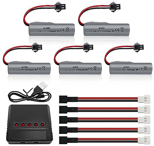 AMZZN 5PCS 3.7V 2000mAh Lipo Battery with 5-in-1 Charger SM-2P Plug for DE44 DE45 DE68 RC Cars, RC Drift Vehicles, Trucks, Off-Road Vehicles, High-Speed Climbing Racing